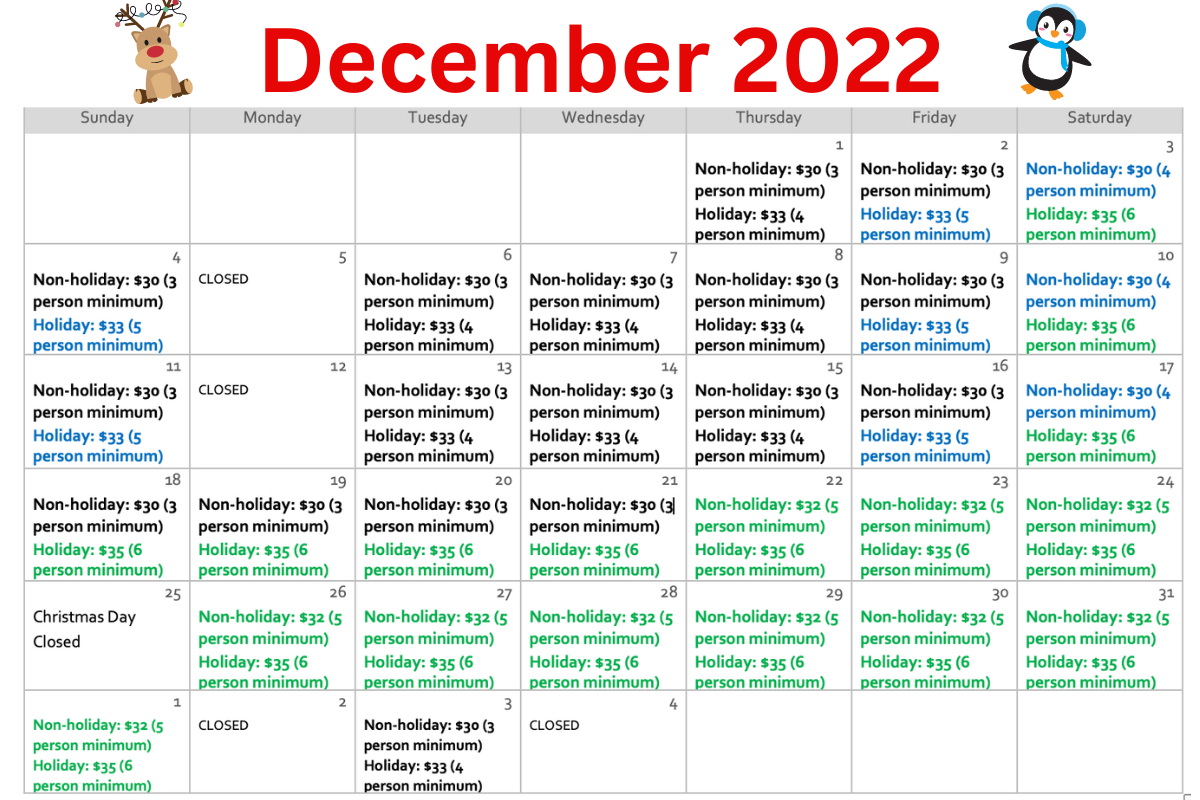 December 2022 Calendar for Mastermind Room Escape